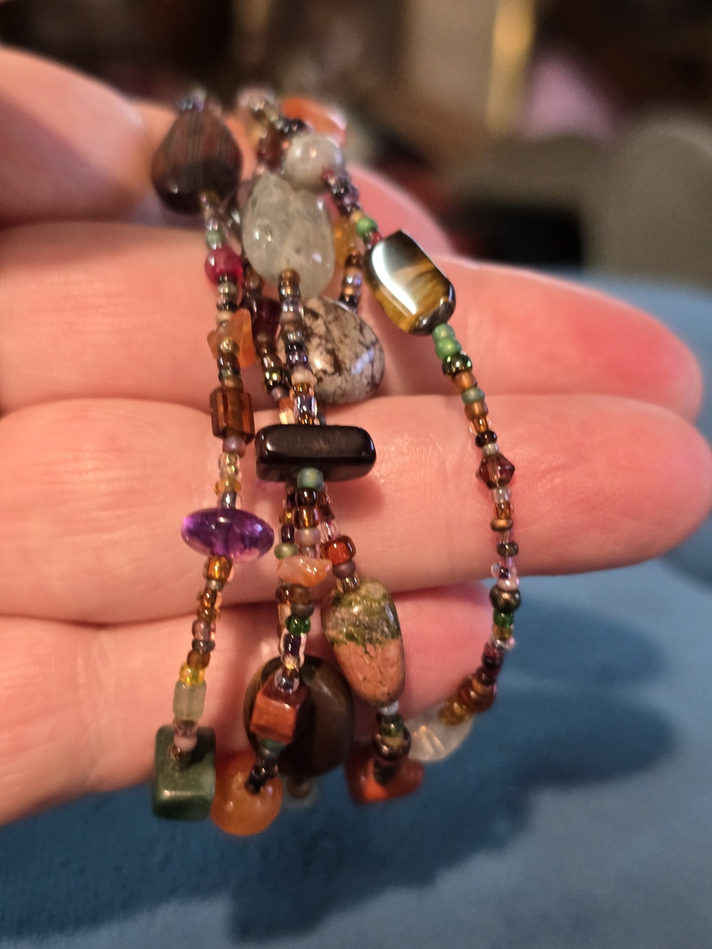 Artisan Multicolor Multi-Gemstone Beaded Wrap Bracelet with Silver Coin Closure - Picture 6 of 7